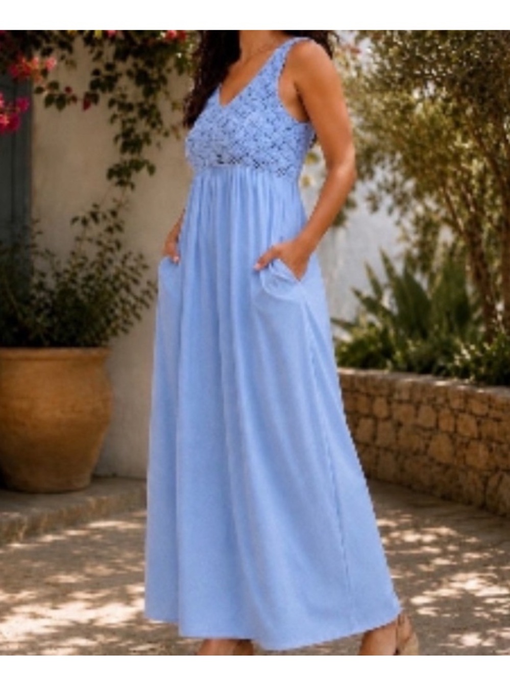Aerie Blue Crochet Cotton Boho Beach Maxi Dress NWT Sz L